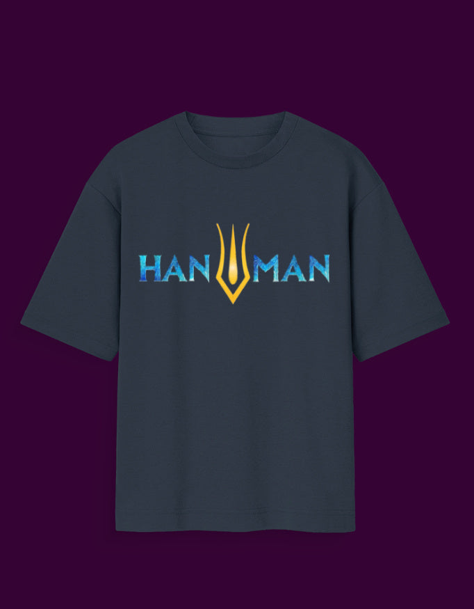 Hanuman-themed t-shirt with bold typography design featuring a golden trident logo in the center