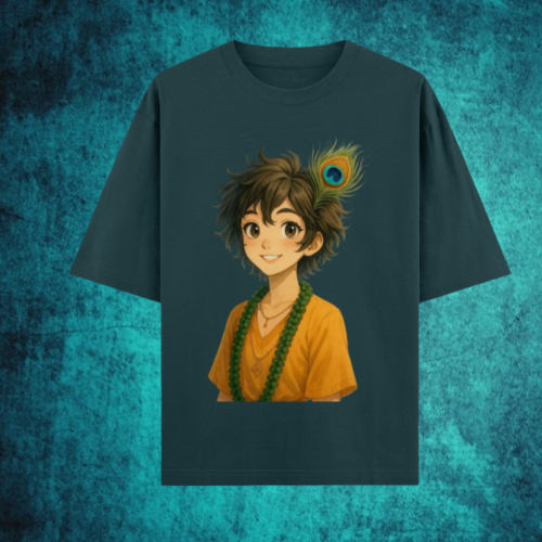 Unisex devotional Krishna t-shirt with mala necklace and peacock feather design.
