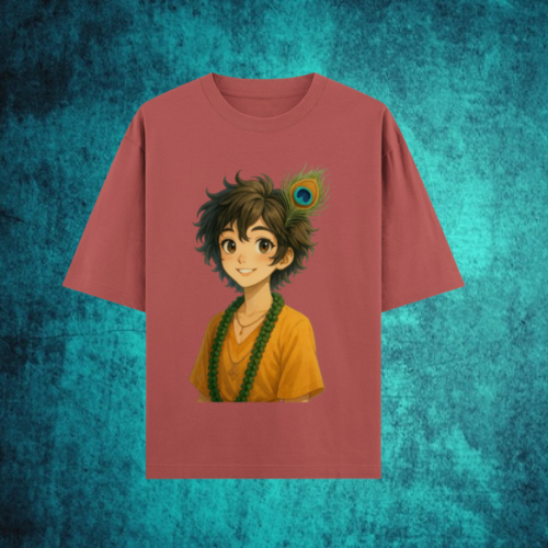 Unisex oversized Krishna t-shirt with modern devotional artwork and peacock feather