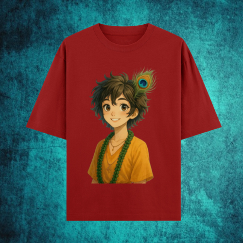Women’s Krishna-themed t-shirt with anime-inspired illustration of young Krishna.