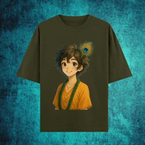 Hindu god Krishna print oversized t-shirt for casual spiritual wear.