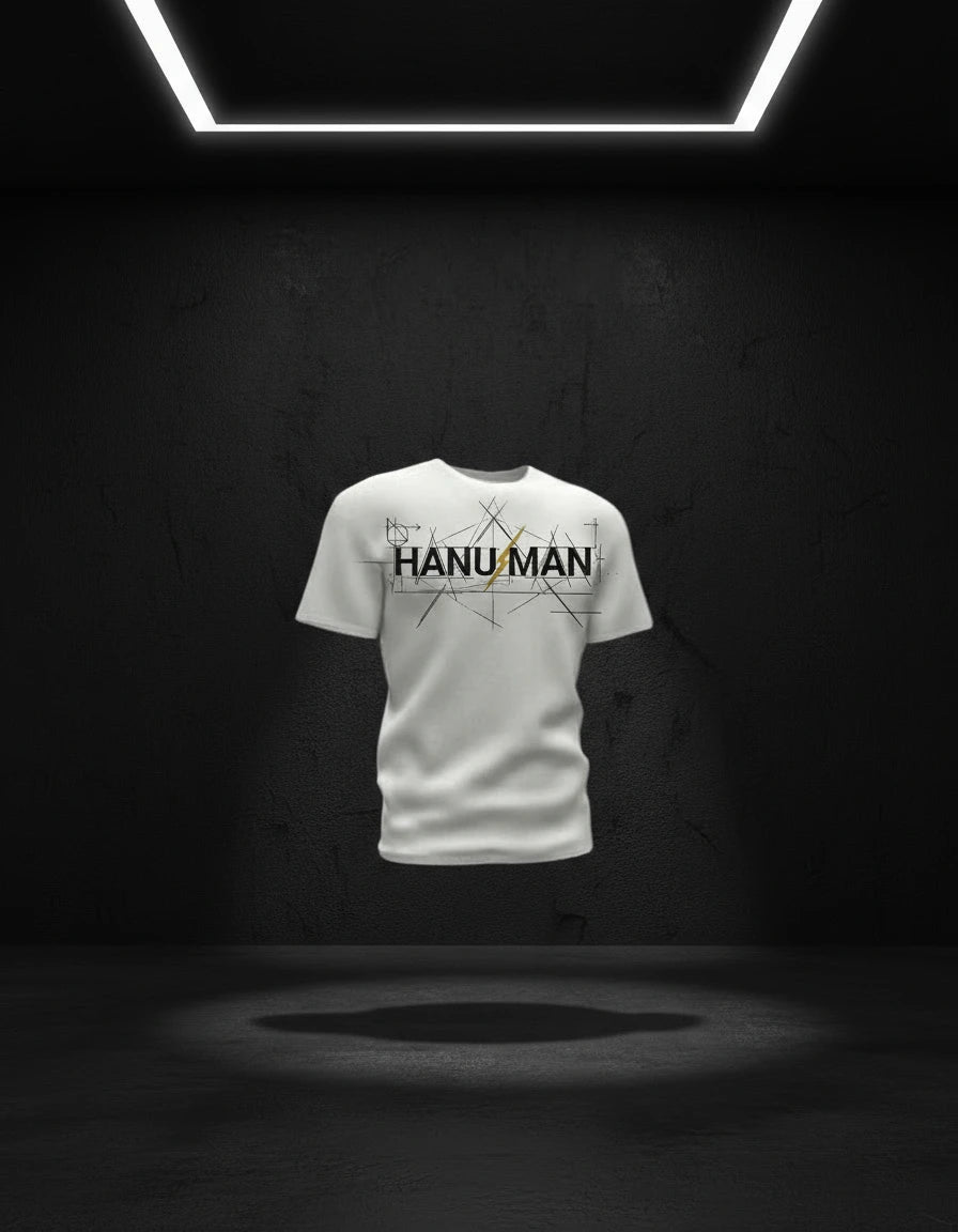 White t-shirt with 'HANUMAN' design on a dark background