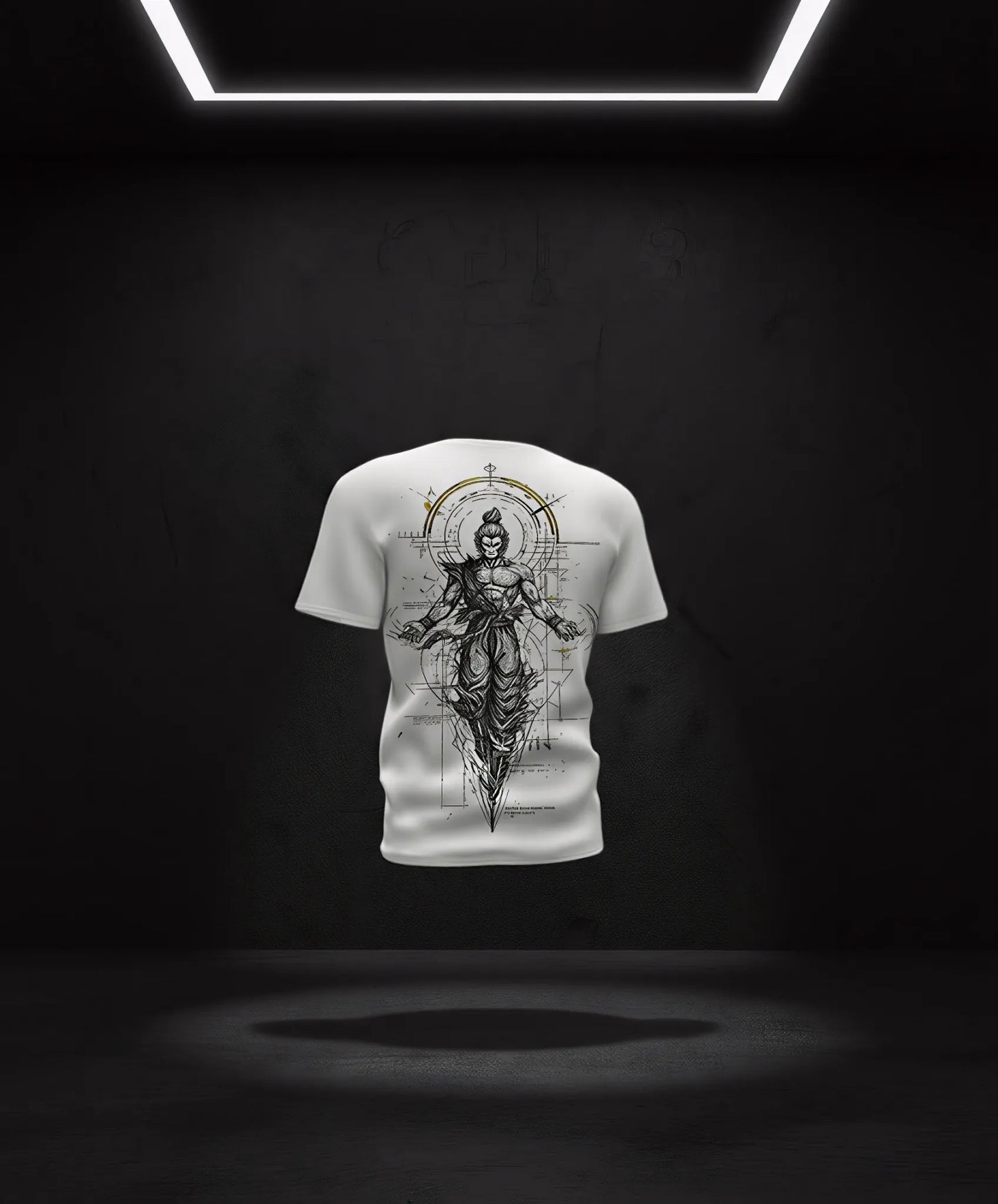 anime tshirt- featuring a detailed sketch of a Hindu deity in a geometric mandala design, displayed in a dark minimal studio background with spotlight effect.